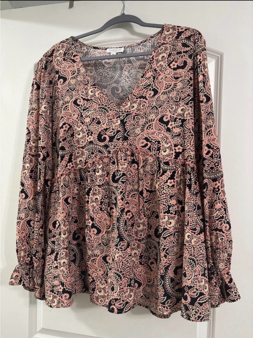 Paisley V-Neck Peplum Blouse in Pink and Black